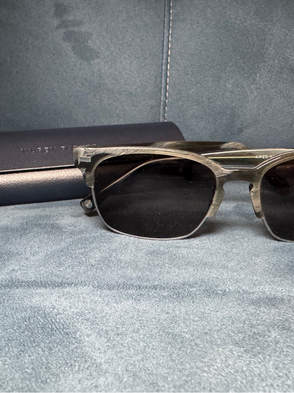 Warby Parker Ames Grey Wood-Grain Frame Sunglasses with Dark Lenses